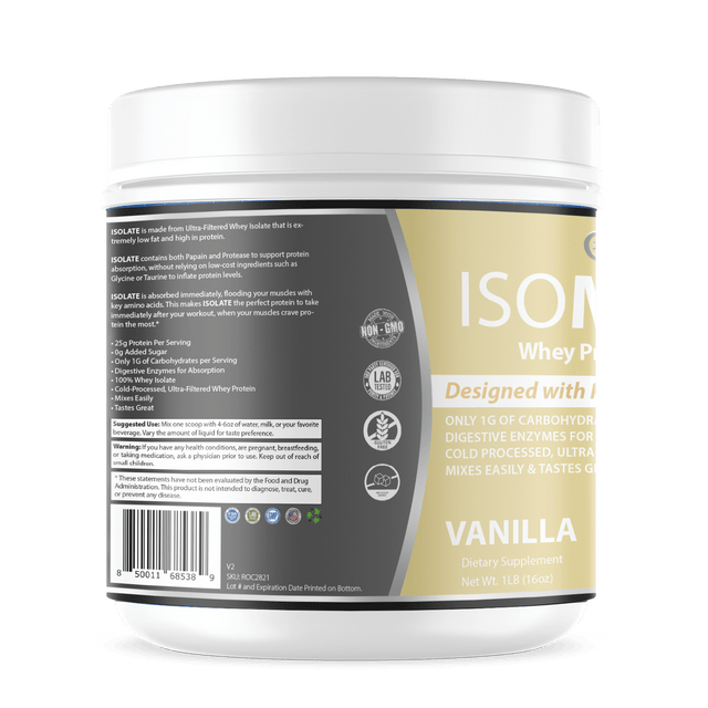 3D Labs Nutrition IsoMode Vanilla Whey Protein Isolate ā Left Label View