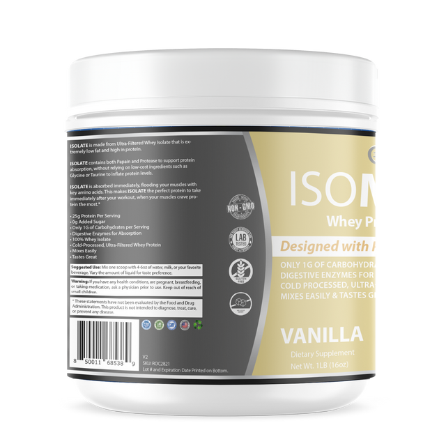 3D Labs Nutrition IsoMode Vanilla Whey Protein Isolate – Left Label View