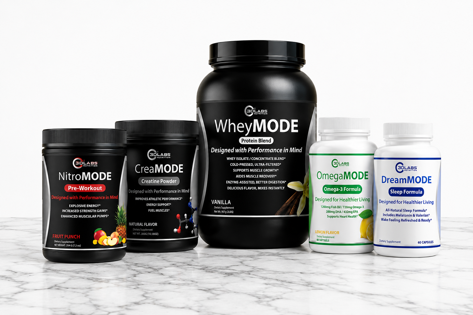 Five 3D Labs Nutrition supplement products displayed together